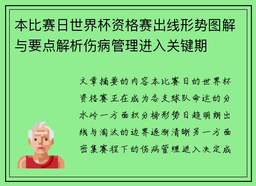 本比赛日世界杯资格赛出线形势图解与要点解析伤病管理进入关键期 本比赛日世界杯资格赛出线形势图解与要点解析伤病管理进入关键期