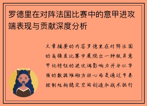 罗德里在对阵法国比赛中的意甲进攻端表现与贡献深度分析